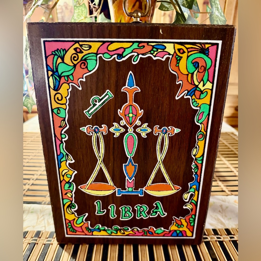 Vintage 1970s neon velvet libra art on wood
